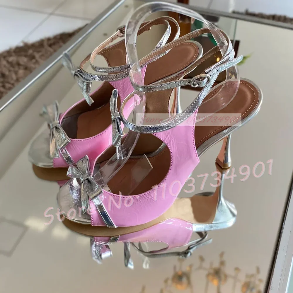 

Розовые сандалии с узлом-бабочкой, женские пикантные туфли из лакированной кожи с круглым носком на шпильке, женские пикантные элегантные модные милые сандалии большого размера