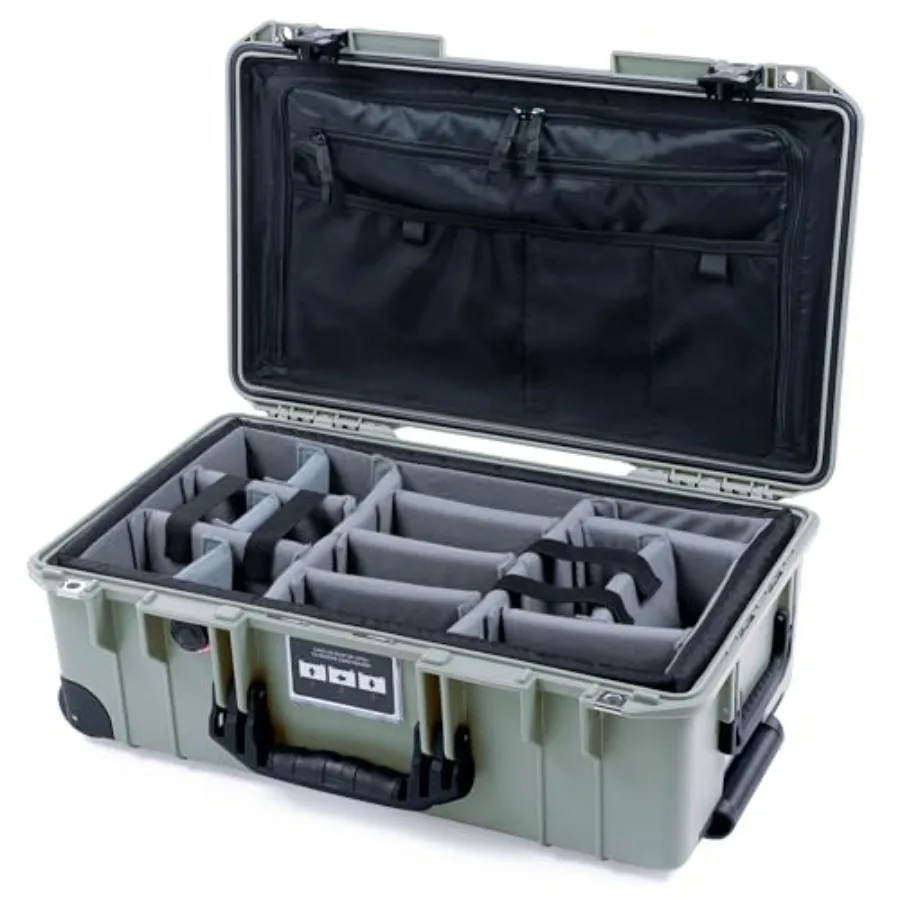 

Carry-On luggage for travel, lightweight polypropylene, sage green, waterproof with grey padded divider, combo lid organizer, b