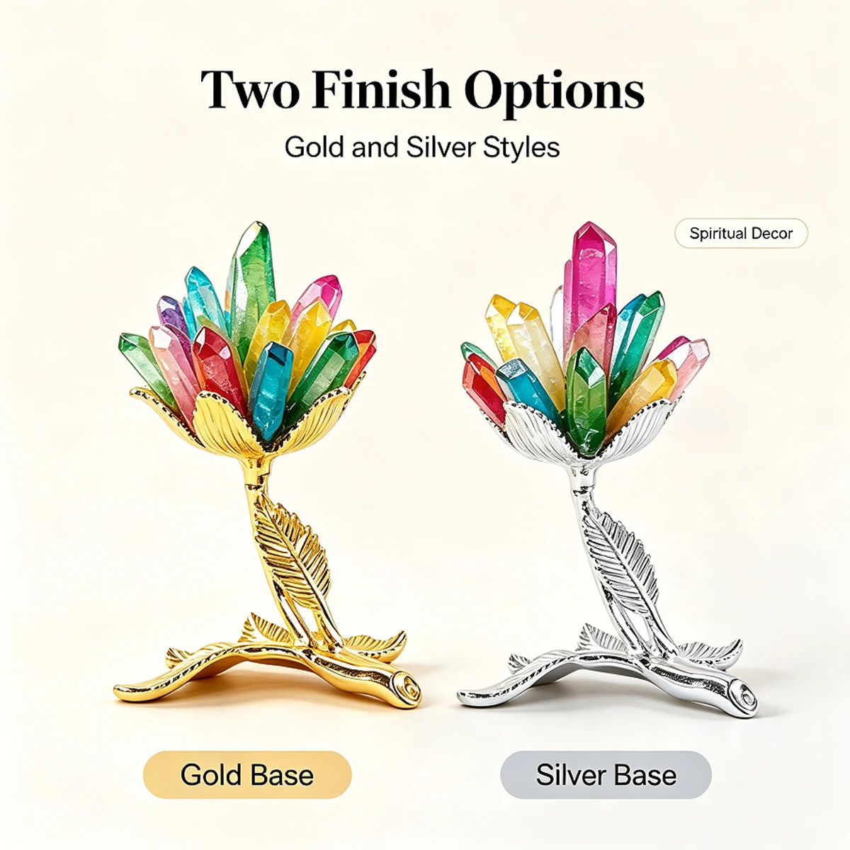 1PC Electroplated Color Clear Quartz Crystal Cluster with Gold Metal Base, Natural Healing Gemstone Desktop Ornament, DIY Flower