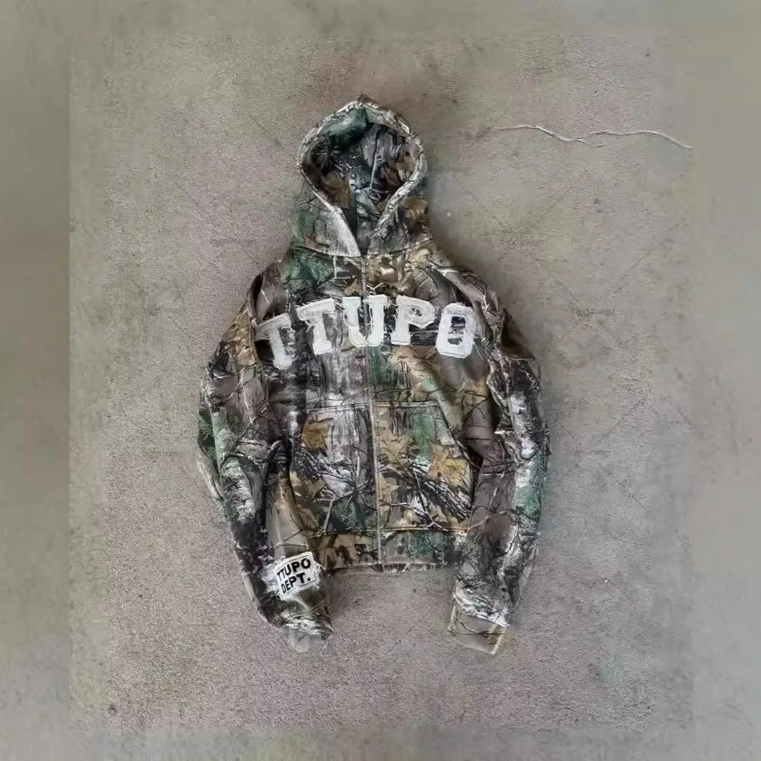 스트리트 슬레 커플 후디 Y2K 레트로 아메리칸 카모플라주 프린트 지퍼 재킷 롱 슬리브 폴리에스터 섬유 오픈 카디건