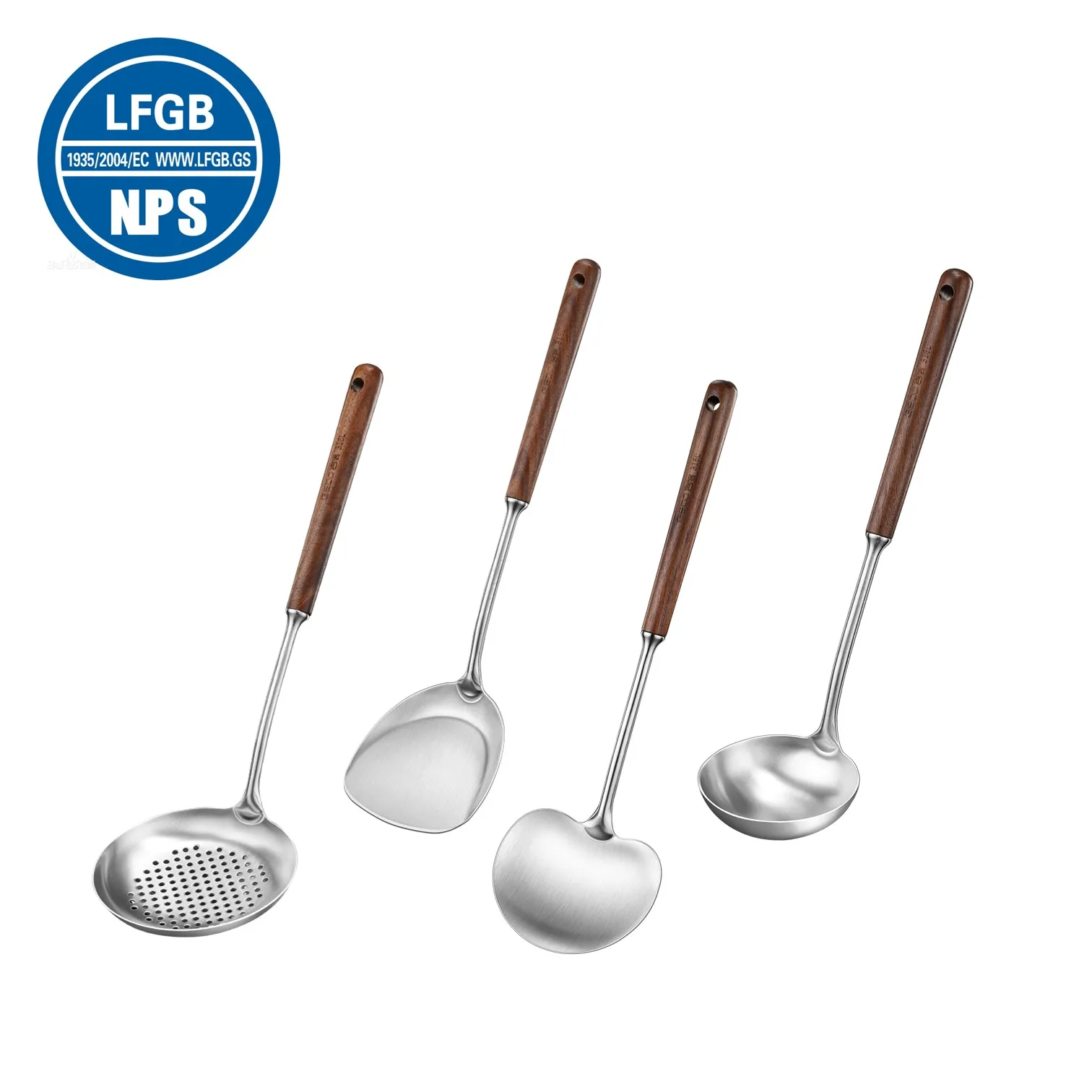LFGB Certification 99.9% Anti-bacterial 316 Stainless Steel Kitchen Utensils Cooking Spatula Soup Ladle Colander Set for Family