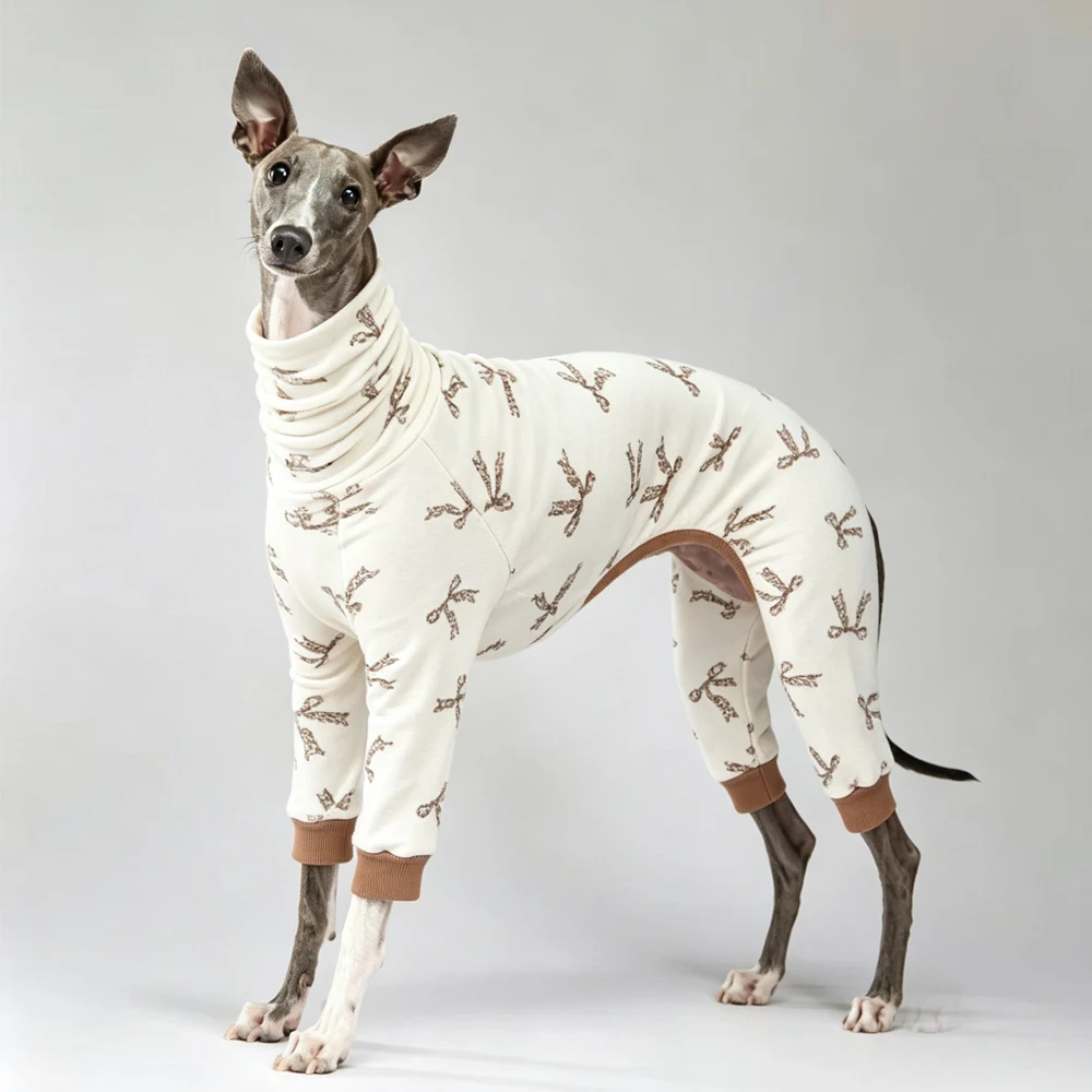 Italiaanse windhond Wellingtonian herfstkleding, zachte vierpotige crèmekleurige pyjama voor Whippets, hondensweater met hoge hals.