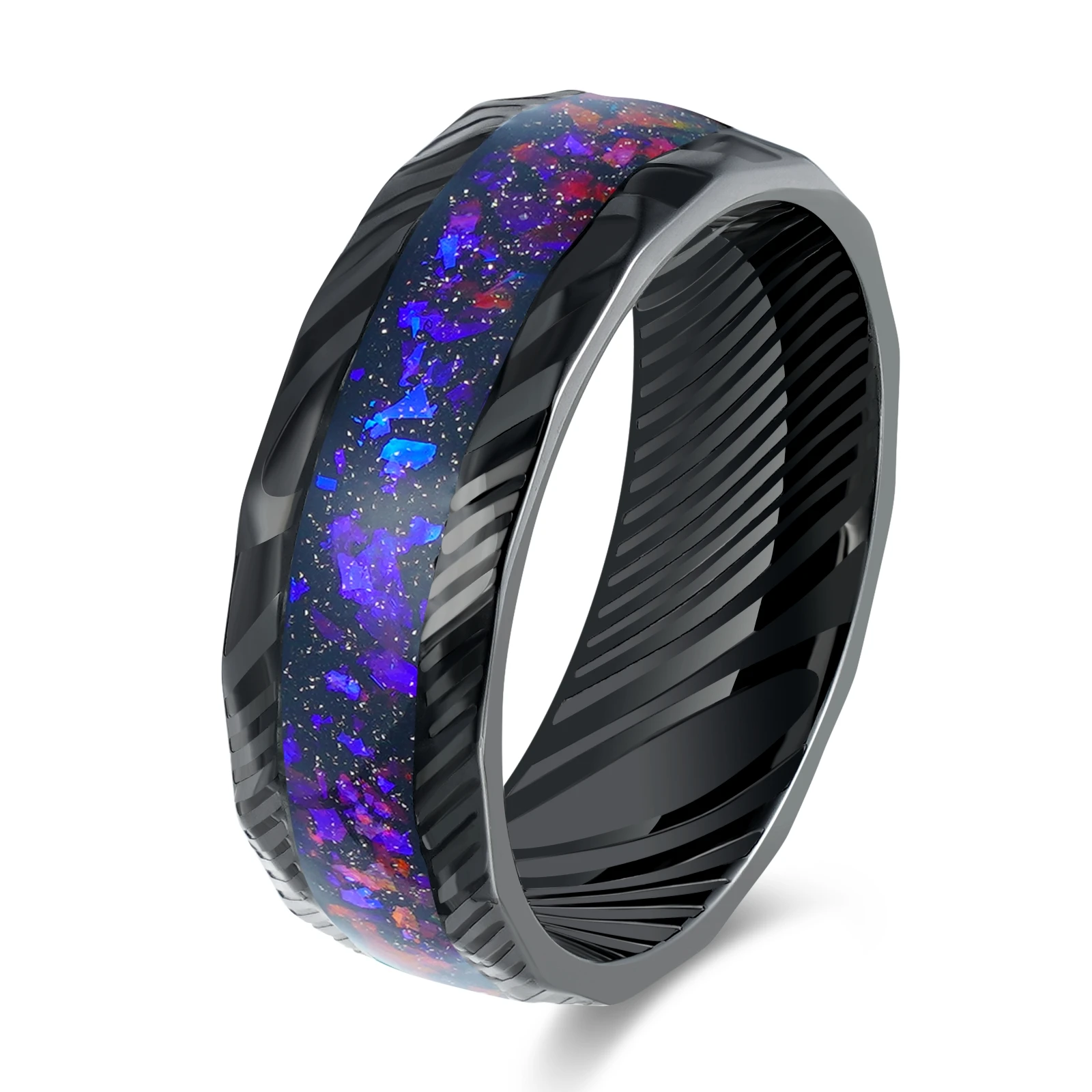 POYA  Galaxy Gravel Inlay Black Steel Damascus  Stainless Steel Ring