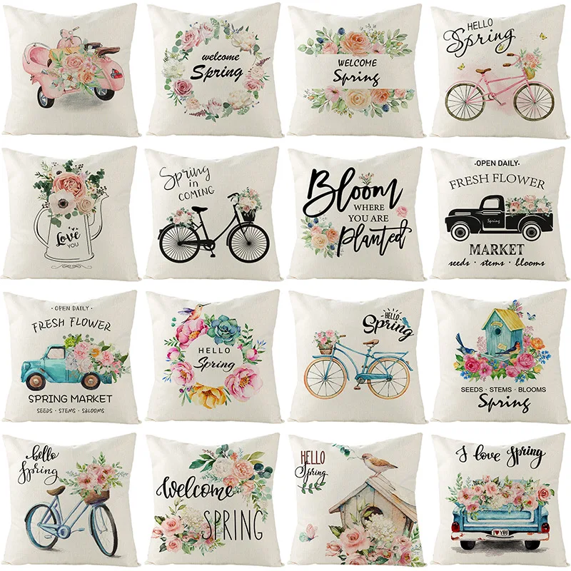 

Nordic Spring Home Decoration Cushion Cover Flower Letters Print Pillowcase Office Sofa Car Throw Pillow Case 45x45cm