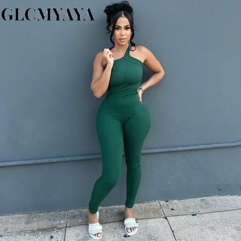 

GLCMYAYA Streetwear Women Solid Off-the-shoulder Sleeveless One-shoulder Spaghetti Strap Romper 2023 Sporty Fitness Jumpsuits