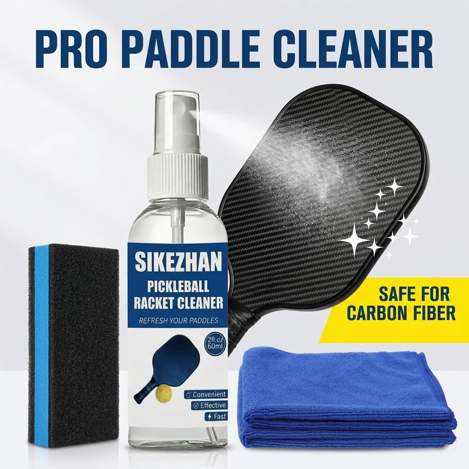 Pickleball Paddle Cleaner Kit Spray Microfiber Cloth Eraser Block for Carbon Fiber Racket Maintenance Restore Surface Spin Grit