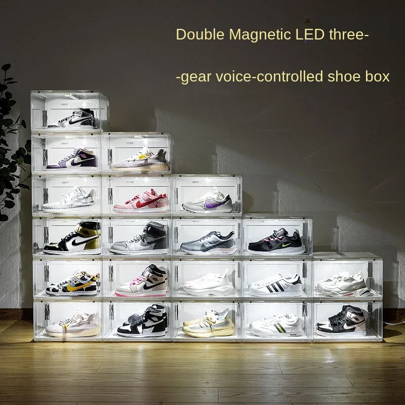 LED Light Sneaker Display Box Antioxidation Organizer Wall Acrylic Shoes Collection Display Rack with Sound Control