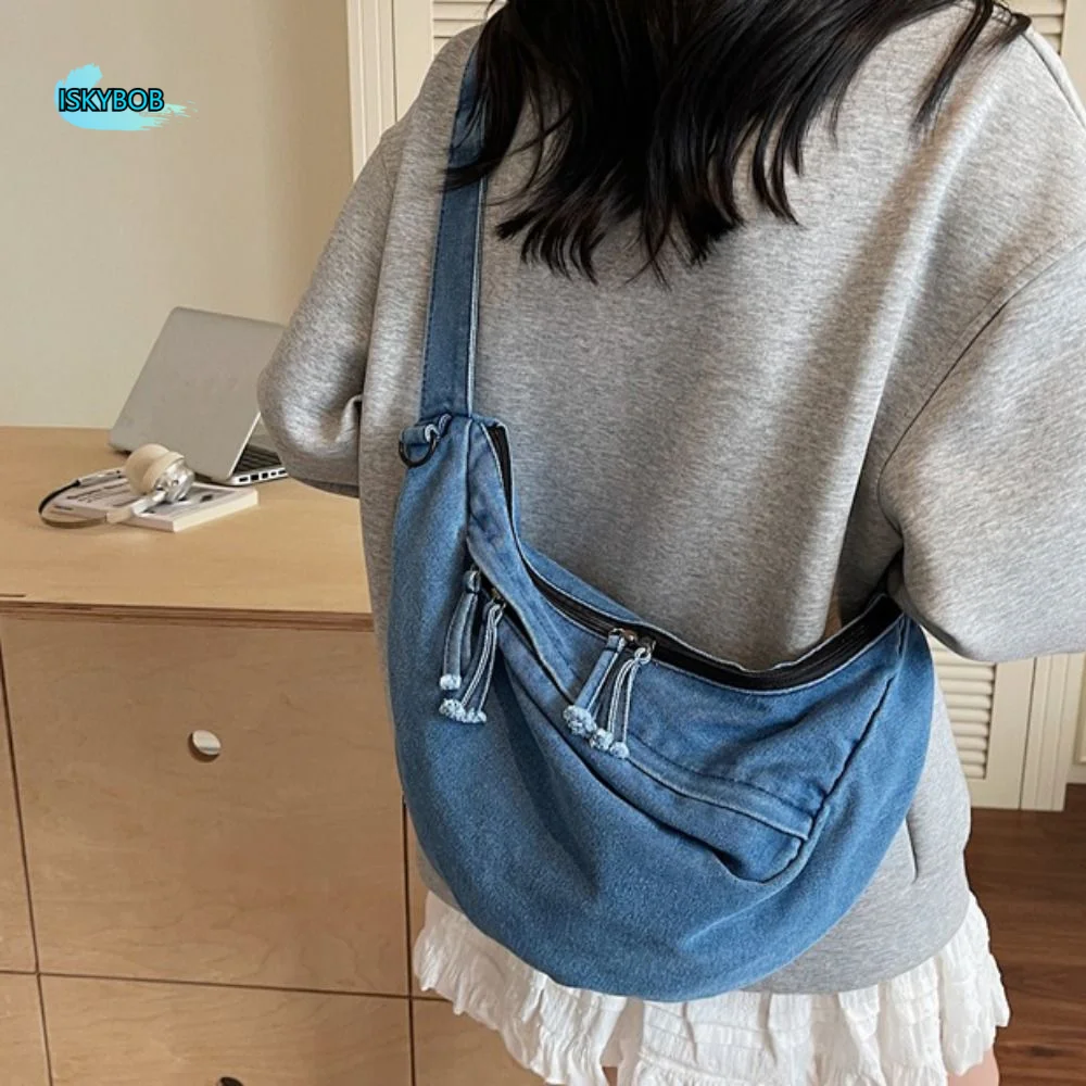 

Сумка-тоут в американском стиле из денима, ретро, с регулируемым ремнем, повседневная, на молнии, в стиле Харадзюку, через плечо, для повседневного использования