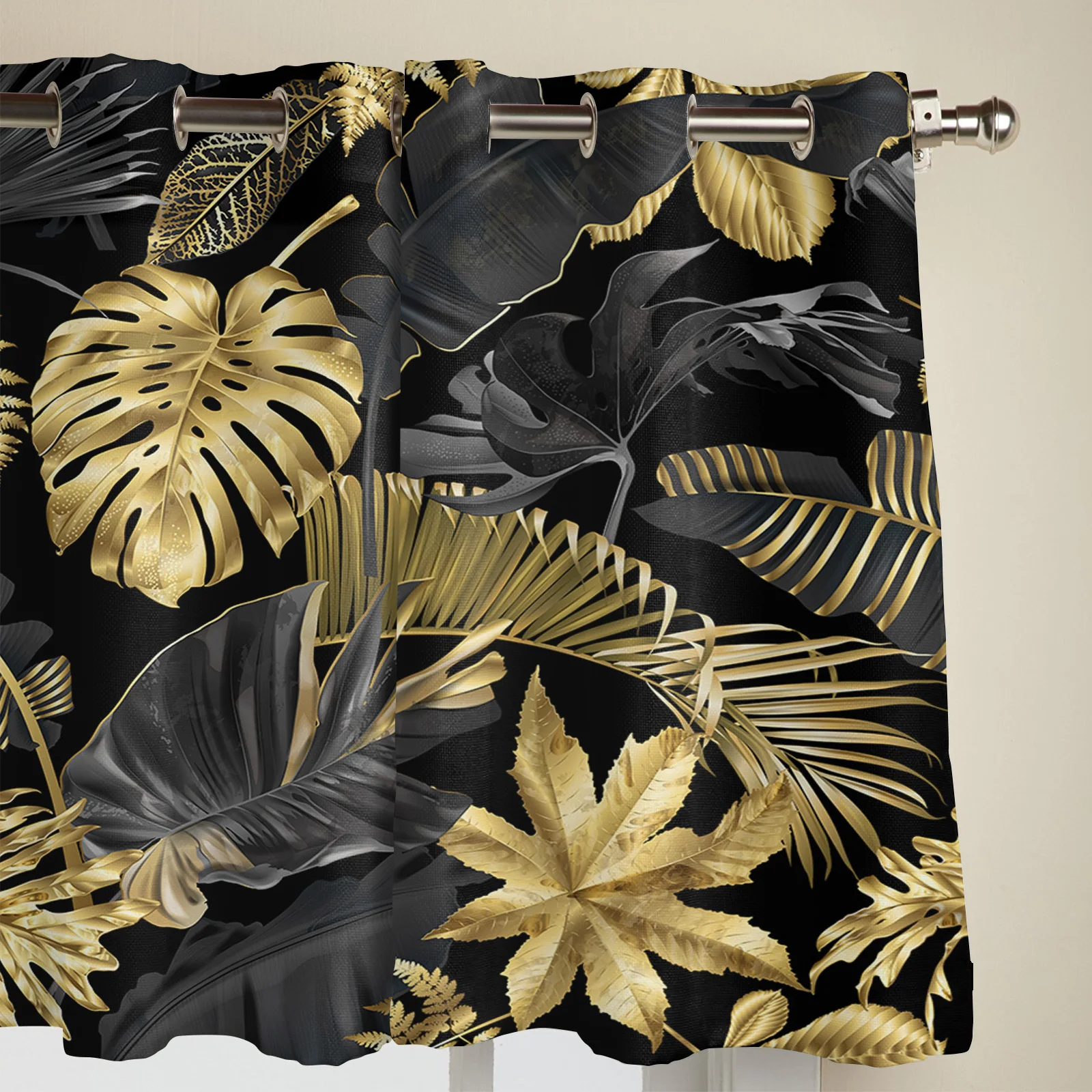 Golden Leaves Black Background Window Curtains Kids Room Living Room Curtain Panels Valance Curtains for Kitchen