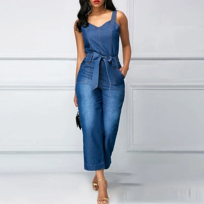 Macacão jeans elegante sem costas feminino com bolsos, bodysuit ajustado, jeans geral, alça longa, ombro fora, moda cinto, senhora do escritório