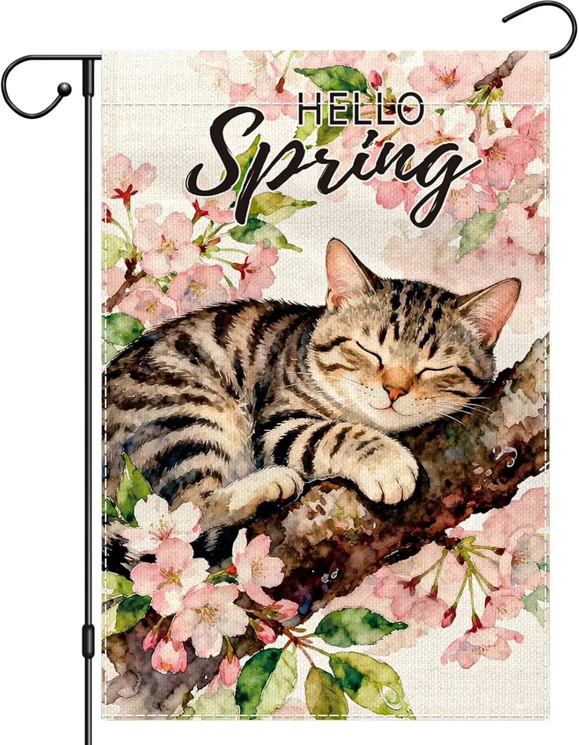 Hello Spring Cat Garden Flag 12x18 Inch Double Sided, Welcome Colorful Flowers Yard Flag for Outside, Small Burlap Flag for  ZZM