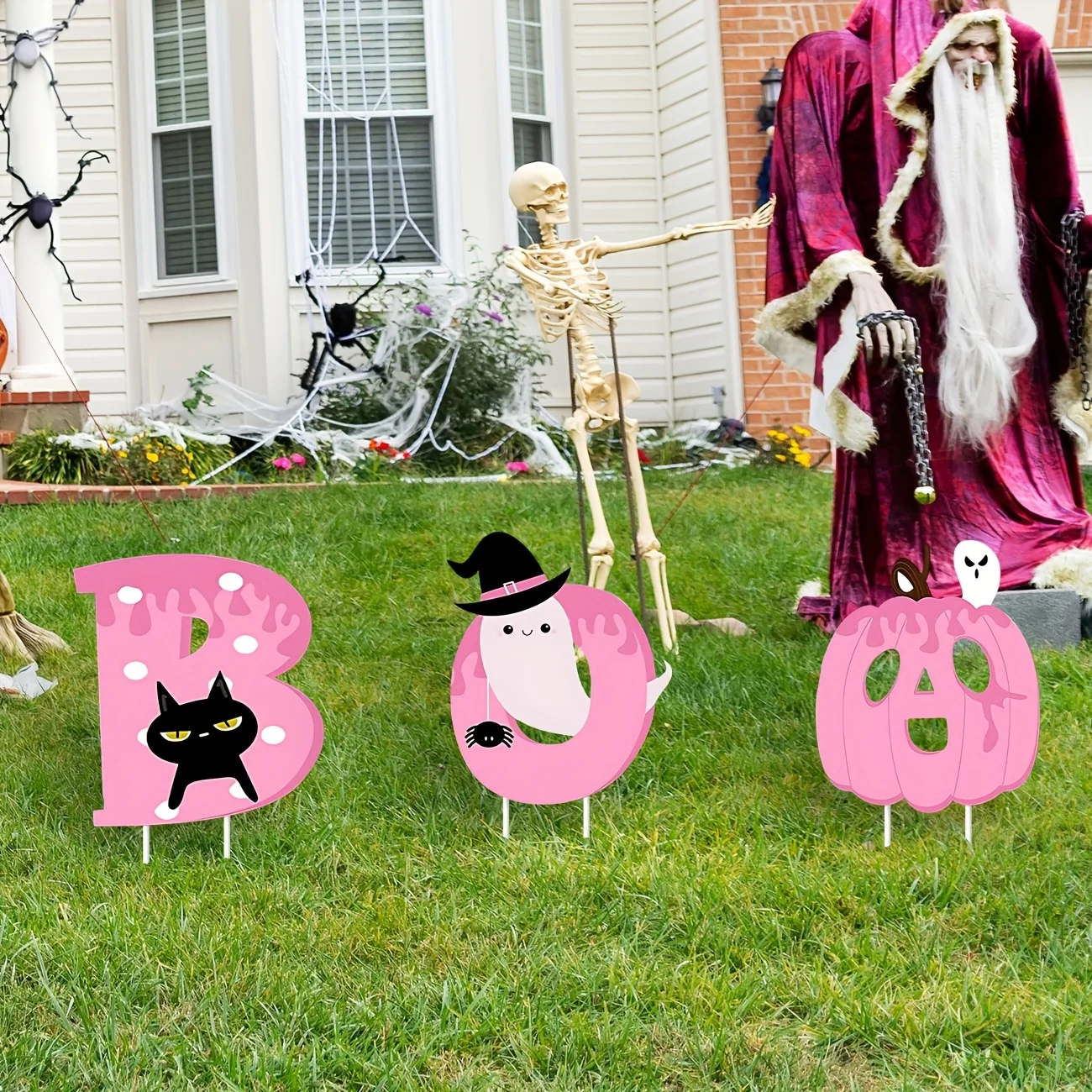 زينة الهالوين في الهواء الطلق علامات ساحة الهالوين الوردي سعيد BOO يوم علامات ساحة الهالوين مع حصص اليقطين الوردي La