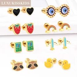 LUXUKISSKIDS-pendientes de tuerca para mujer y niña, aretes de acero quirúrgico, corazón acrílico, Animal, fresa, Piercing, hipositividad