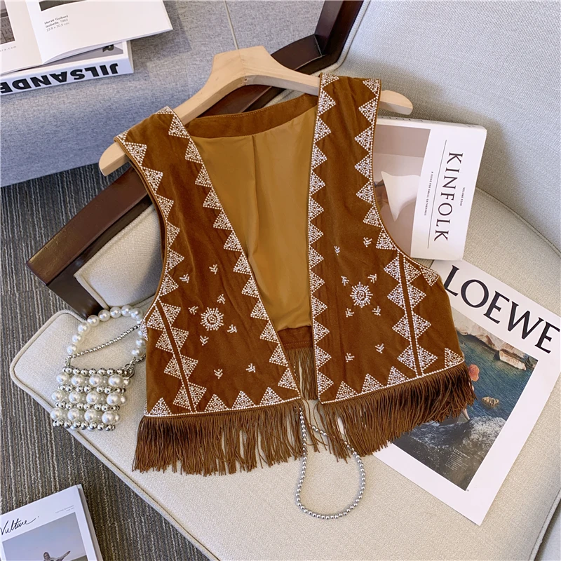 

n Sle Western Cowboy Brown Suede Embroidered Vest ort Versatile Outerwear Open Cardigan Coat for Young Women
