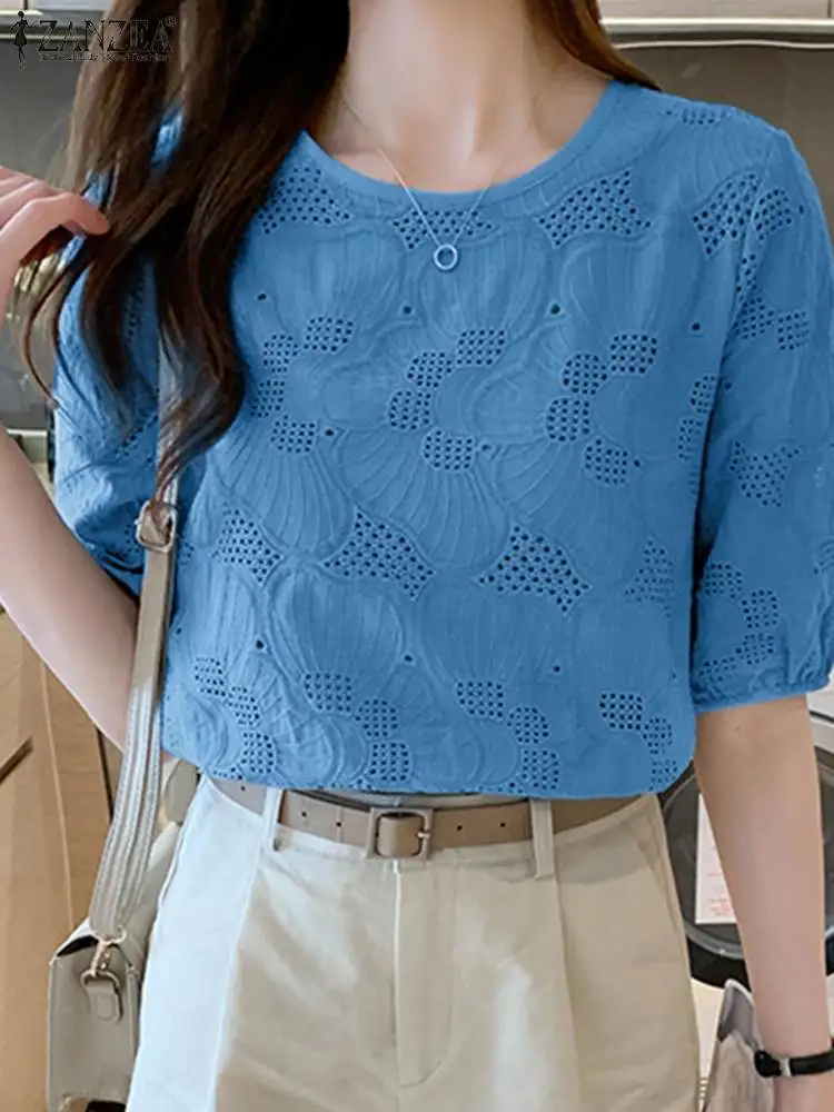 ZANZEA Holiday Elegant Shirt 2023 Summer Floral Embroidery Tops Women Half Sleeve Blouse Solid Loose Elegant Work Blusas Female