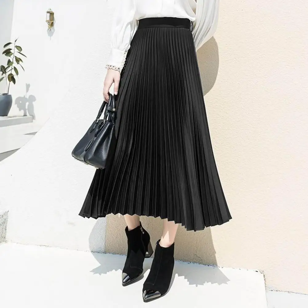 Summer Women Skirt Vintage Pleated Elastic Waistband High Waist Lady Midi Skirt Solid Color A-Line Smooth Satin Female Skirt