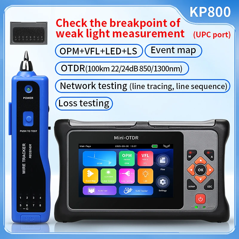 KP800 Mini-OTDR 100KM 22/24dB 850/1300nm Fiber Optic Loss Testing Optical Time Domain Reflectometer Built-in OPM VFL LED LS
