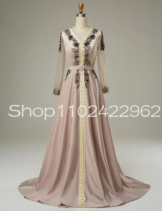 Pink Champagne Moroccan Caftan Evening Formal Dresses Illsuion Long Sleeve Lace floral takchita Pour Femme Prom Gown Outfit