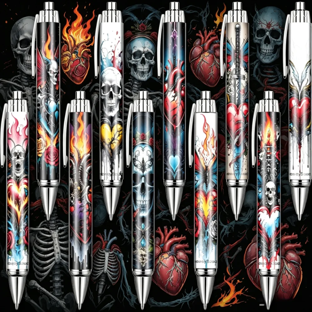 

10pcs Trendy Flame Butterfly Skull Wings Punk Mechanical Heart Ballpoint Pen, Party Gift, Office Novelty Gift, Writing Tool