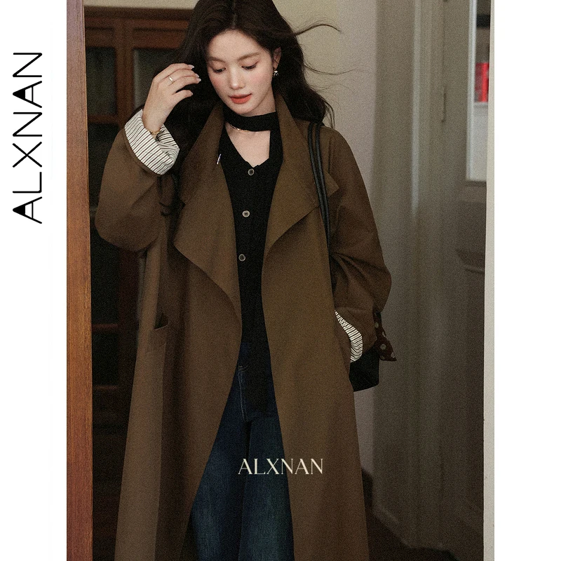 ALXNAN Fashion Vintage Long Trench Coat Women Autumn Winter Brown Loose-fit Coats 2026 Casual Elegant Female Windbreaker L57566
