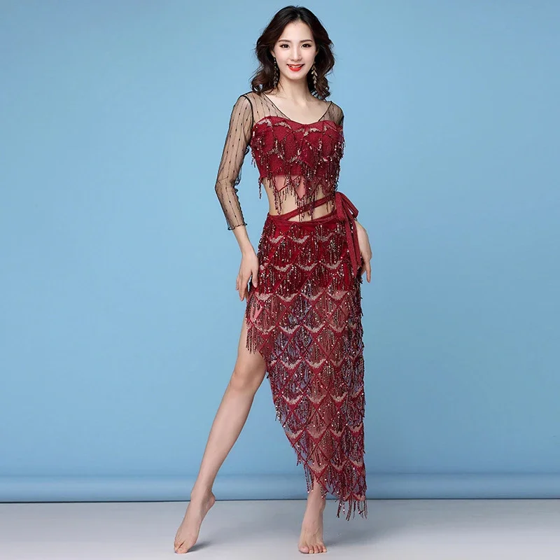 

New Fashion Women Belly Dance Clothes Stretchy Mesh Sparkling Sequins Over-Skirt Fringes Hip Scarf Costume Set 2pcs Top & Belt