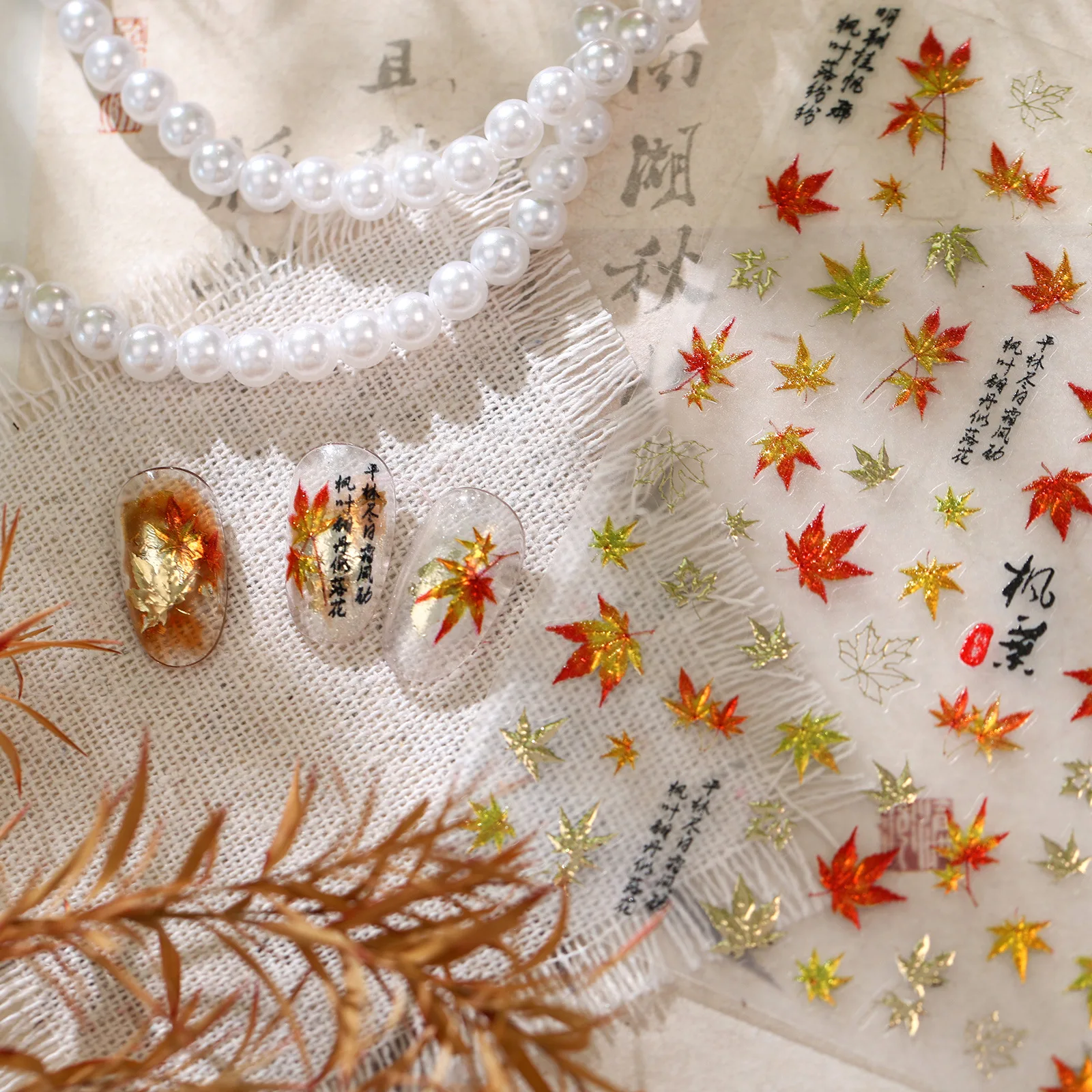 Elegant Chinese Style 5D Nail Art Stickers Gold Foil Maple Leaf Autumn Plant Leaf Self Adhesive Embossed Decals Manicure Decor