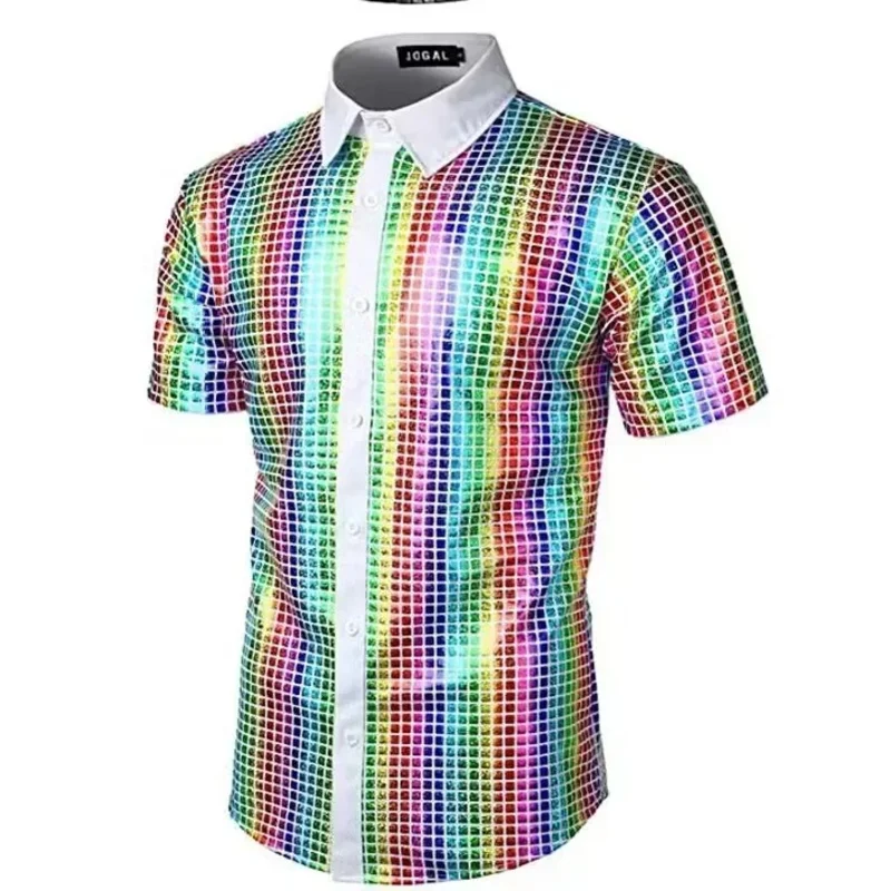 Camisa de lantejoulas douradas brilhantes Chang para homens, fantasia de cosplay, discotecas, ix, casamento, cantor de palco, baile