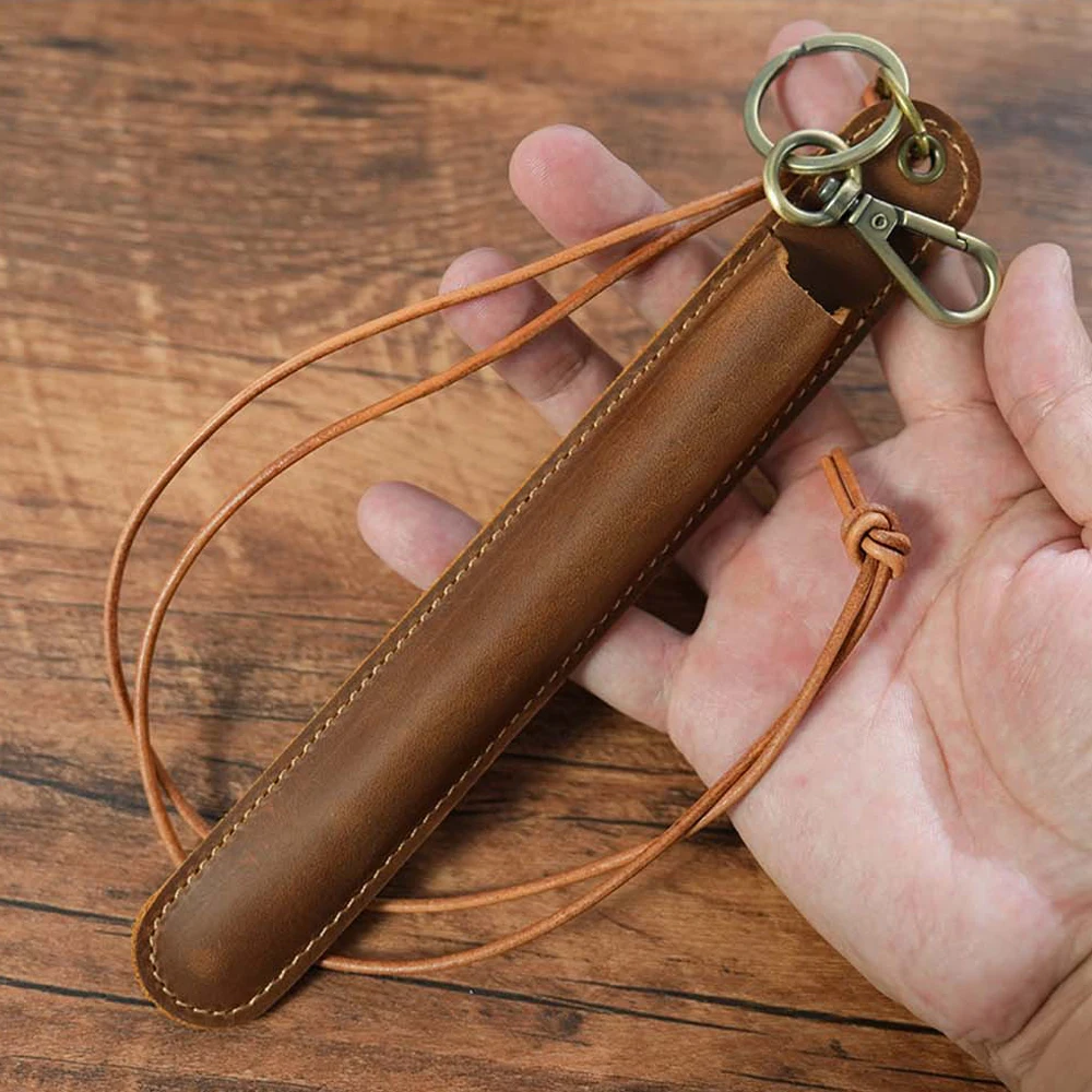 Vintage Leather Pencilcase Pen Pouch Case Protector Sleeves with Keychain & Detachable Neck Strap
