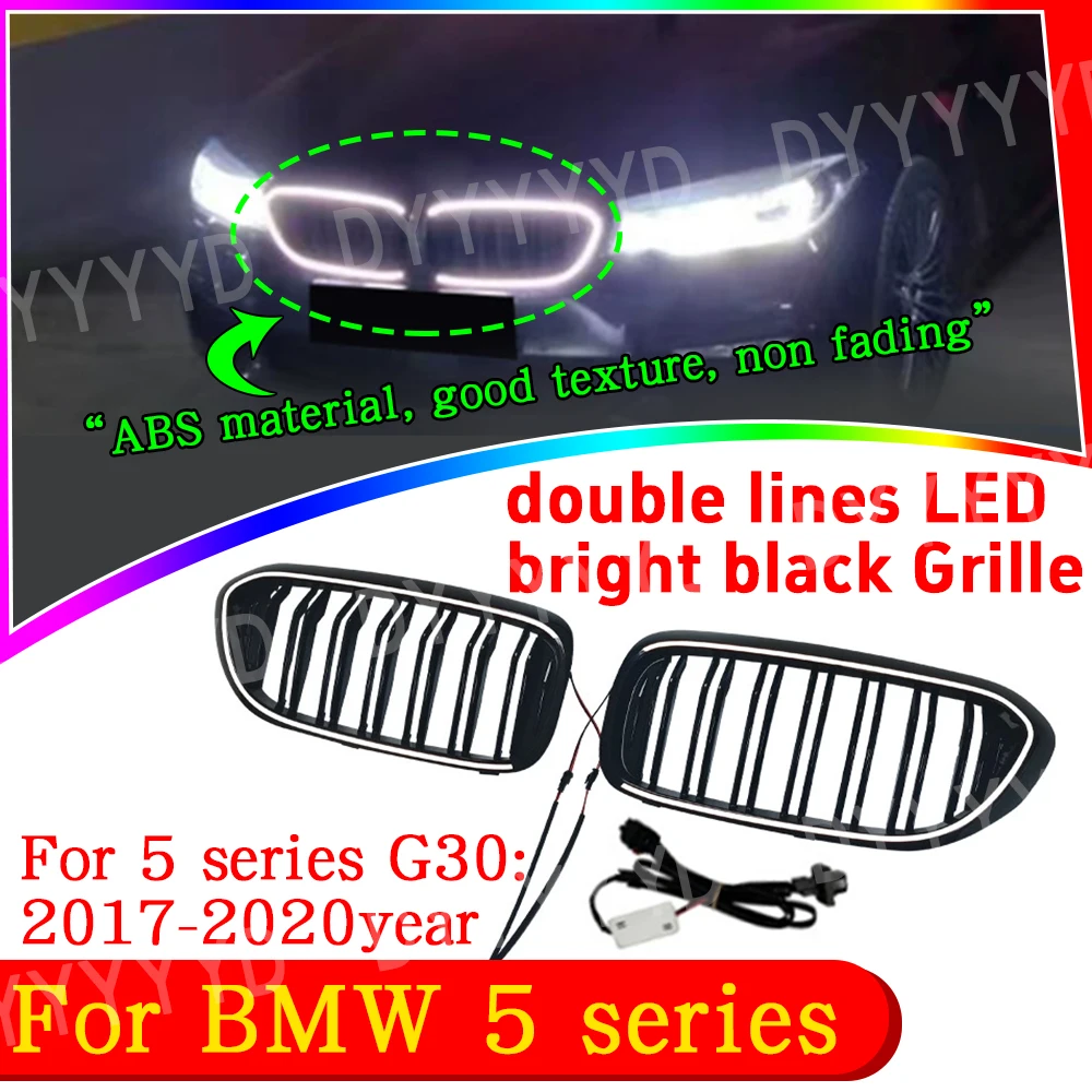 

For BMW 5 Series G30 2017-2020 LED Racing Grills Dual-Line Luminous Front Kidney Grille with Hood Lighting Car Accessory