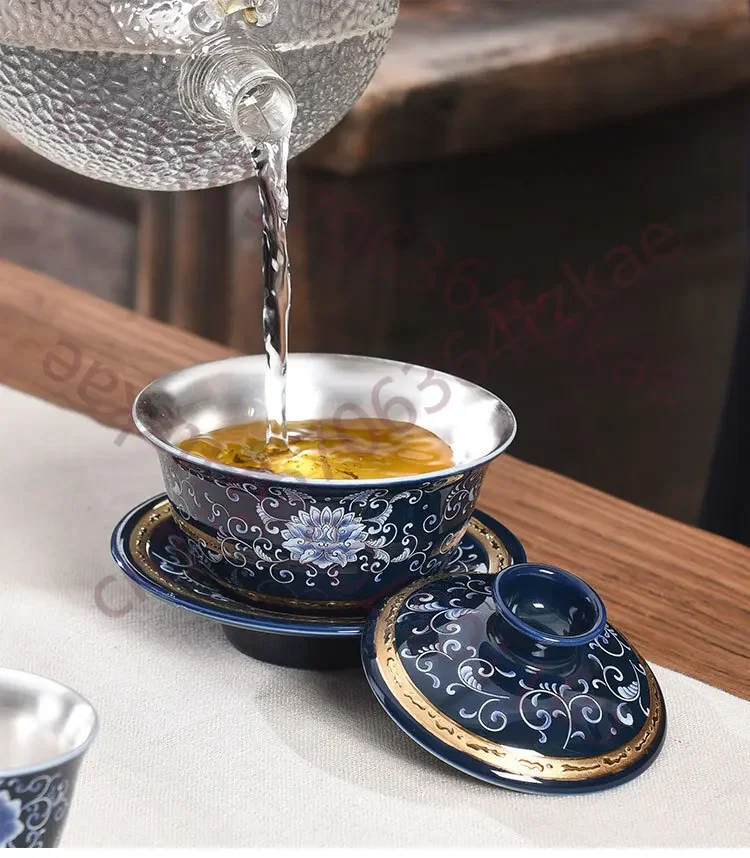 999 Sterling Silver Gaiwan Handmade Traditional Craft Porcelain Tureen Saucer