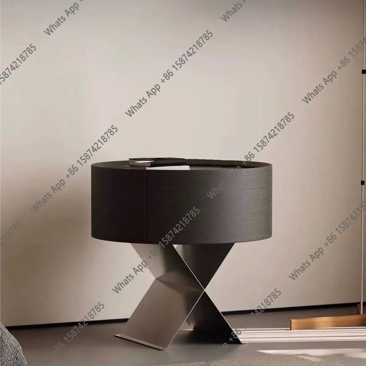 25 N Italian Minimalist Bedside Table, Designer Storage Cabinet, Smoked Solid Wood Round Bedside Table X