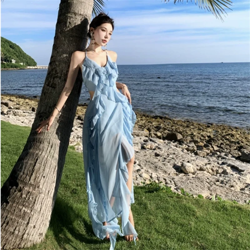 Seaside Fashion Holiday Layered Ruffles high split Long Blue Dress Women  Vacation Hollow Waist Backless V Neck Beach Fairy Dress - AliExpress  200000345