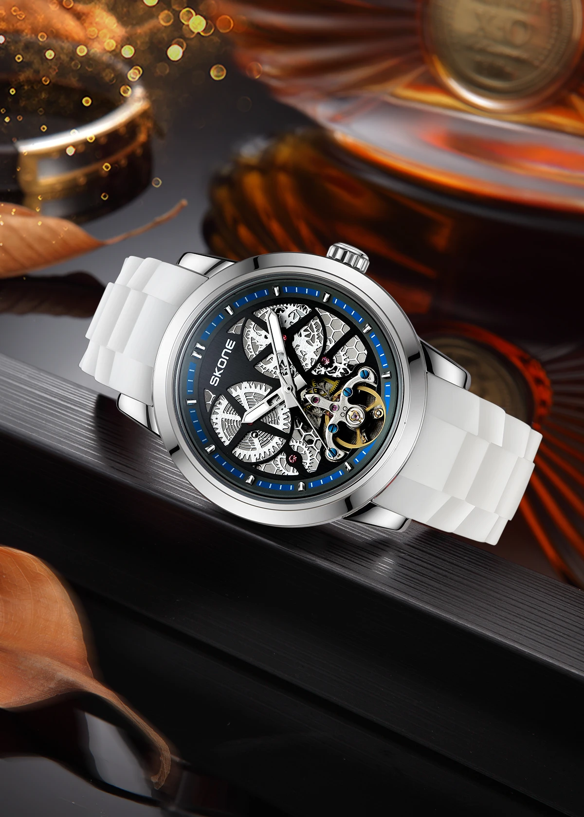 SKONE Double sided hollow out fashionable waterproof luminous temperament light luxury men's trendy automatic mechanical watch