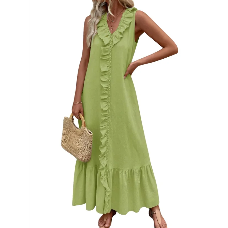 【】 Vestido feminino verão praia algodão regata linho boho sem mangas em camadas babado maxi vestido longo