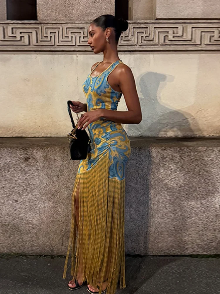 Tassels Print Patchwork Maxi Dress Chic Round Neck Sleeveless Slim Fit Ruffle High Waist Women Robe 2025 Y2k Party Evening Gown