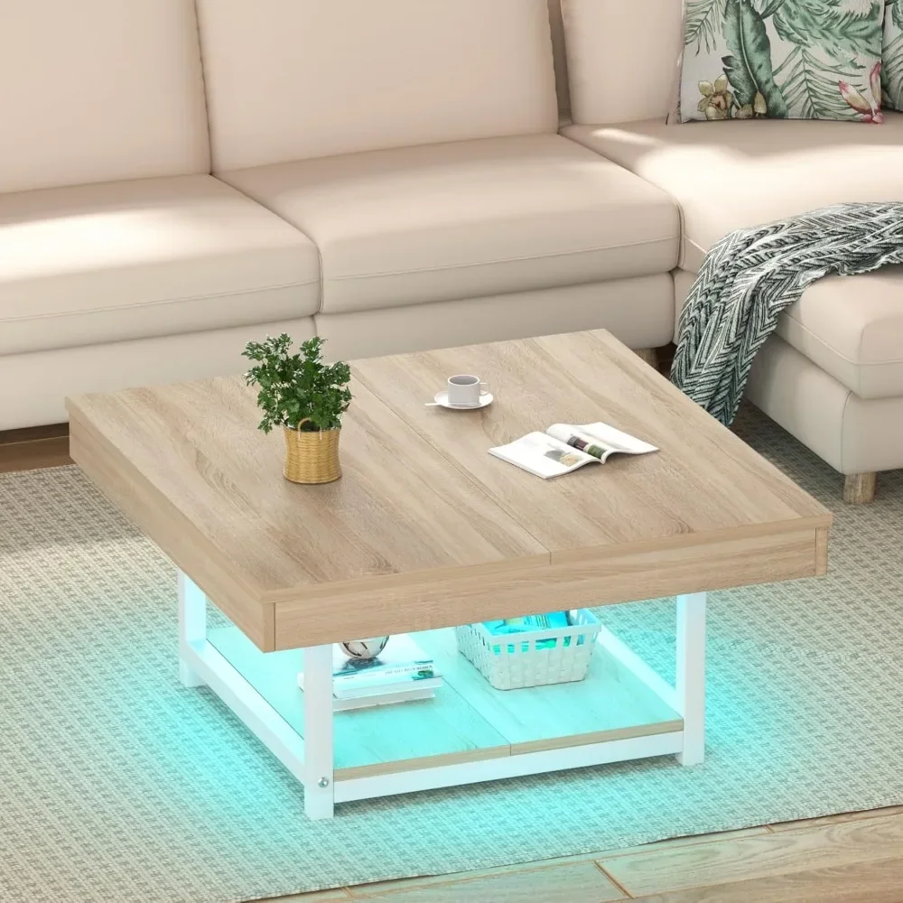 Coffee Table for Living Room Square LED Coffee Tables with Storage 31.5 inch Modern Farmhouse Center Table with Half Split