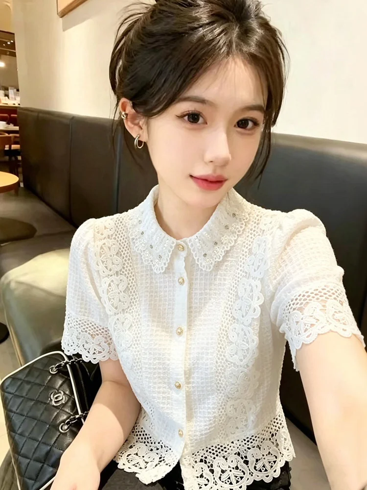 

Elegant Lace Splice Short Sleeve Collar Shirt Women's Fashionable Summer New Style Light Luxury French Style Cotton Top