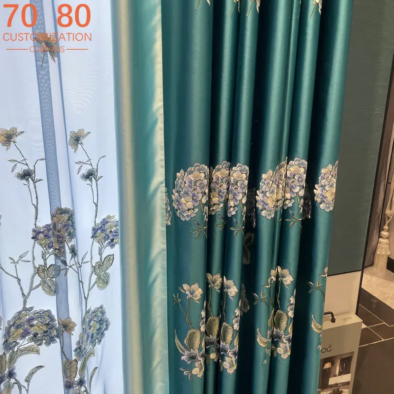 New Chinese Blue-green Embroidered Patched Curtains for Living Room Bedroom French Window Balcony Customized Products