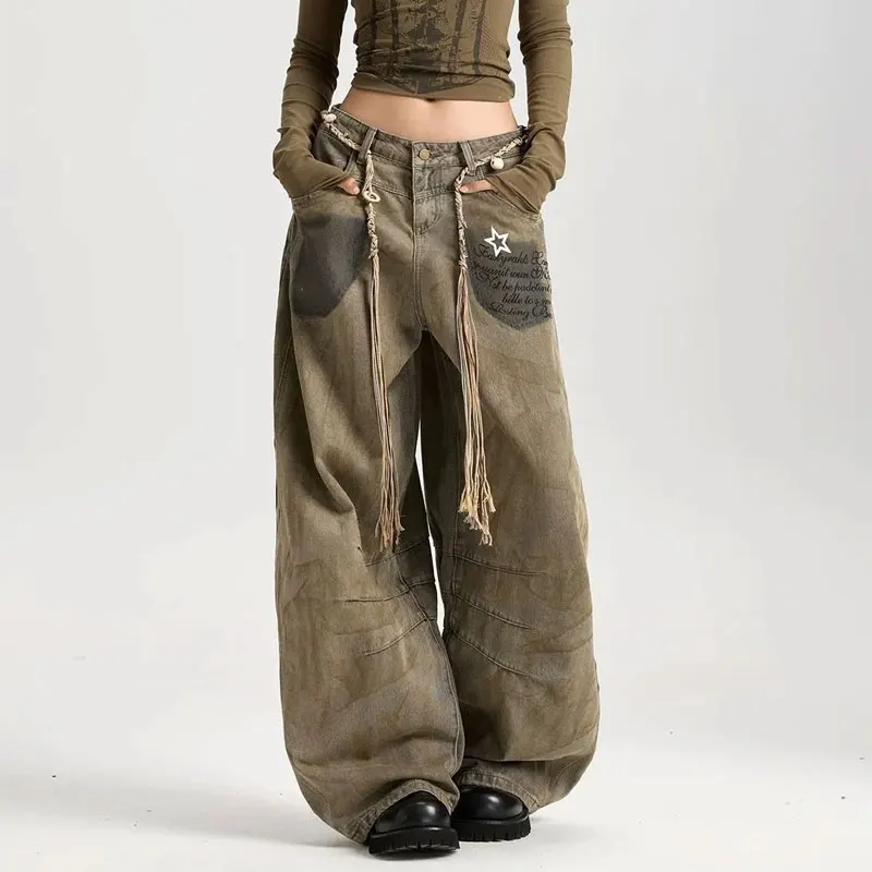 Women Vintage Mud Wash Baggy Wide Leg Jeans Star Letter Patch Pocket Distressed Trousers Autumn Oversized Balloon Denim Pants