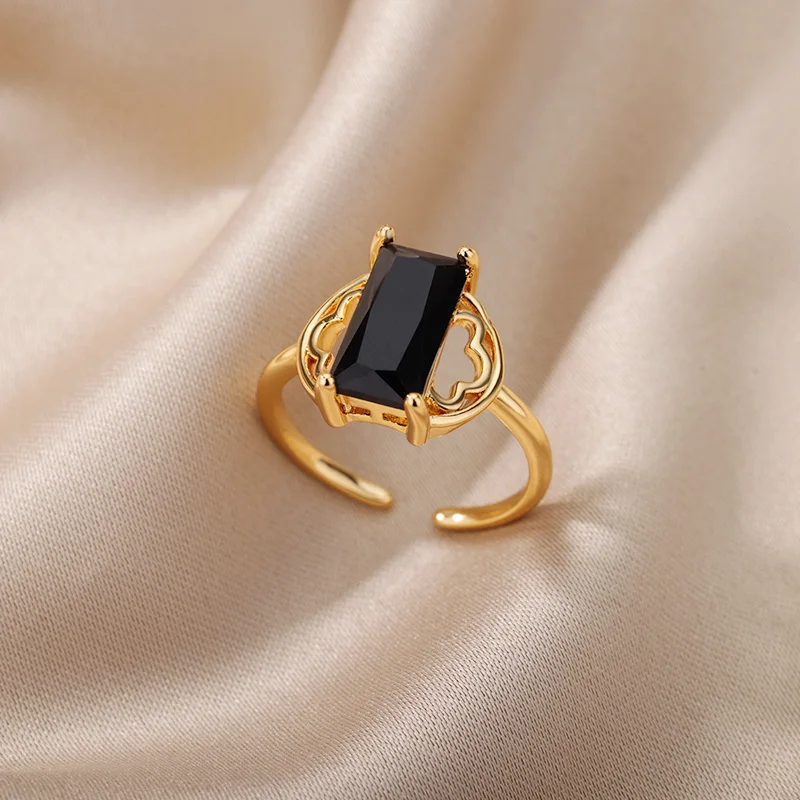 Black Rectangle Zircon Rings for Women Open Stainless Steel Adjustable Ring Couple Wedding Aesthetic Jewelry Gift Anillos Mujer