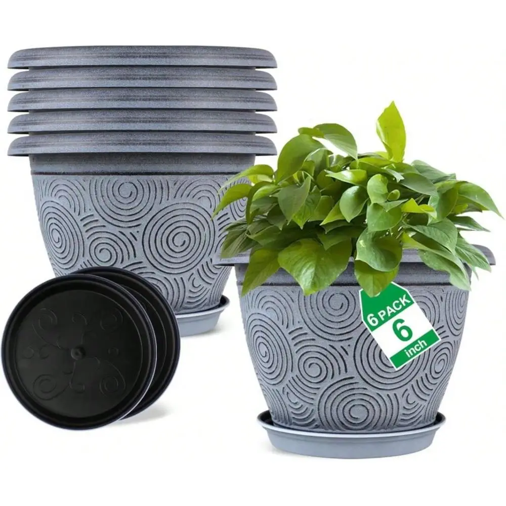 

6 Inch Flower Pots Planters For Indoor Outdoor Plants, 6 Pack Plastic Small Plant Pots With Drainage Hole Amp Tray, Modern Deco