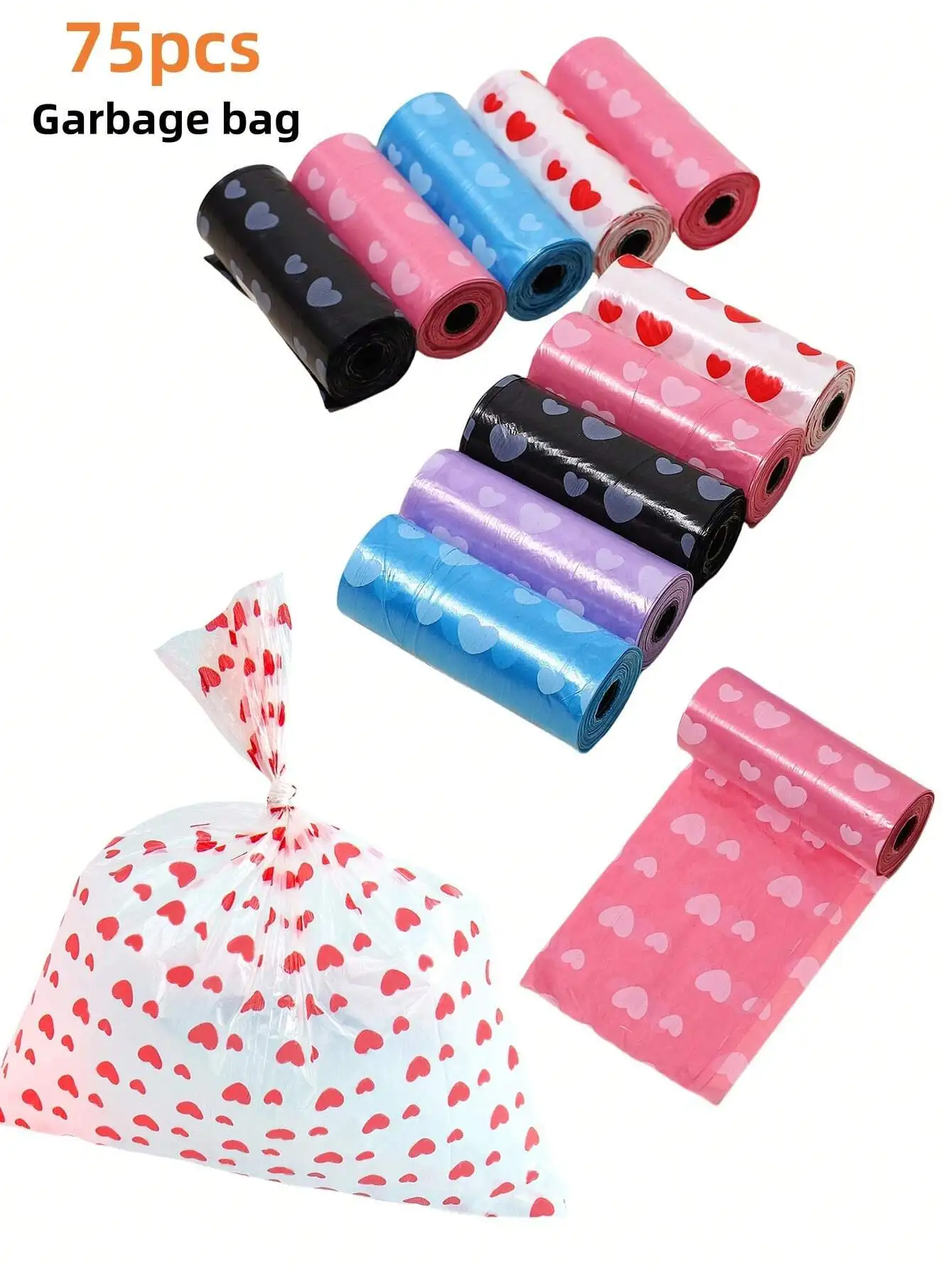 75pcs/5 Rolls Diaper Trash Bags, Baby Diaper Change Heart Pattern Trash Bags, Convenient To Carry, Car Trash Bags, Suitable For Outdoor Strollers, Living Room, Bathroom, Baby Room Cleaning Trash, Random Color