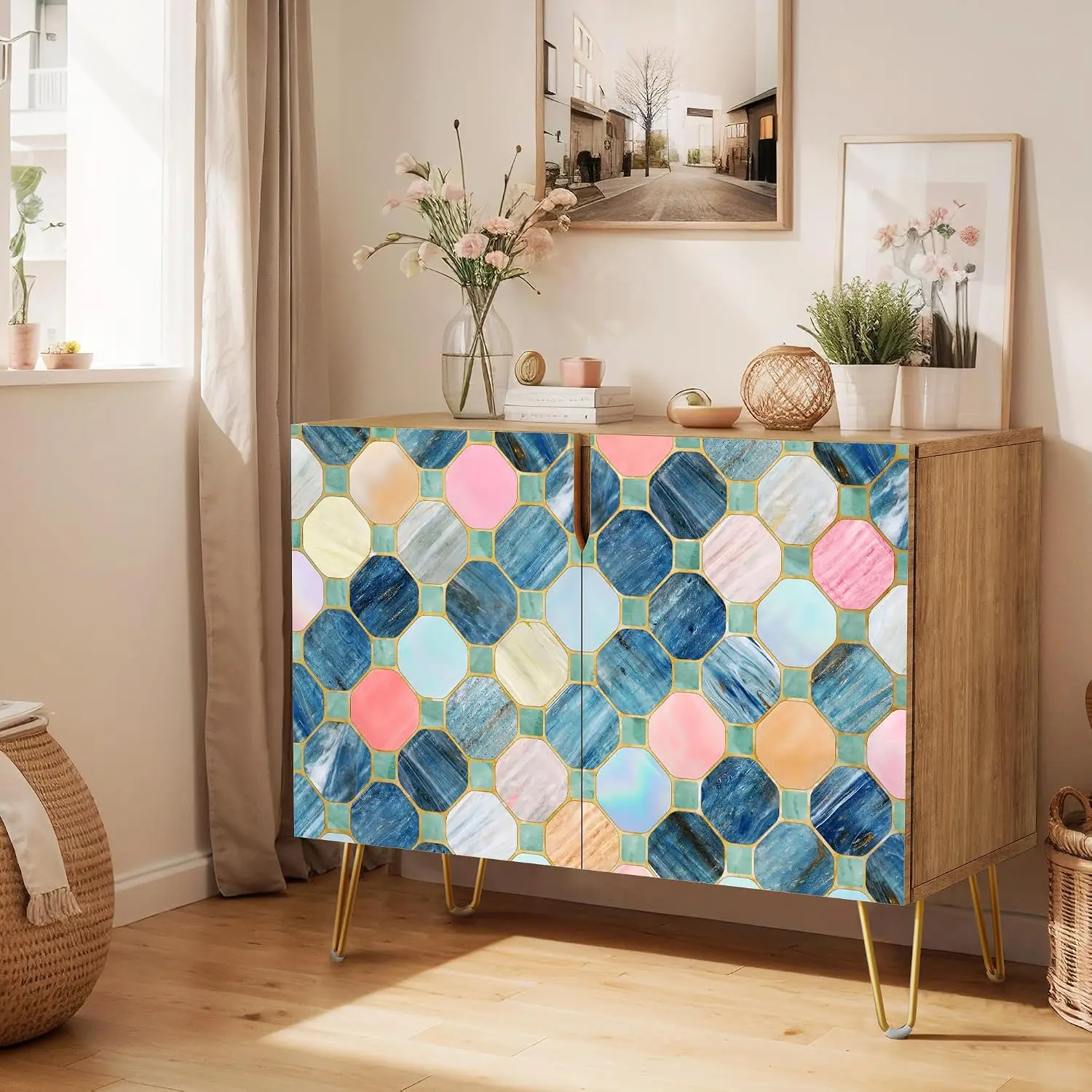 Sideboard Cabinet 2 Doors Multicolor Tile Patterns Cupboard Console Dining Room 35