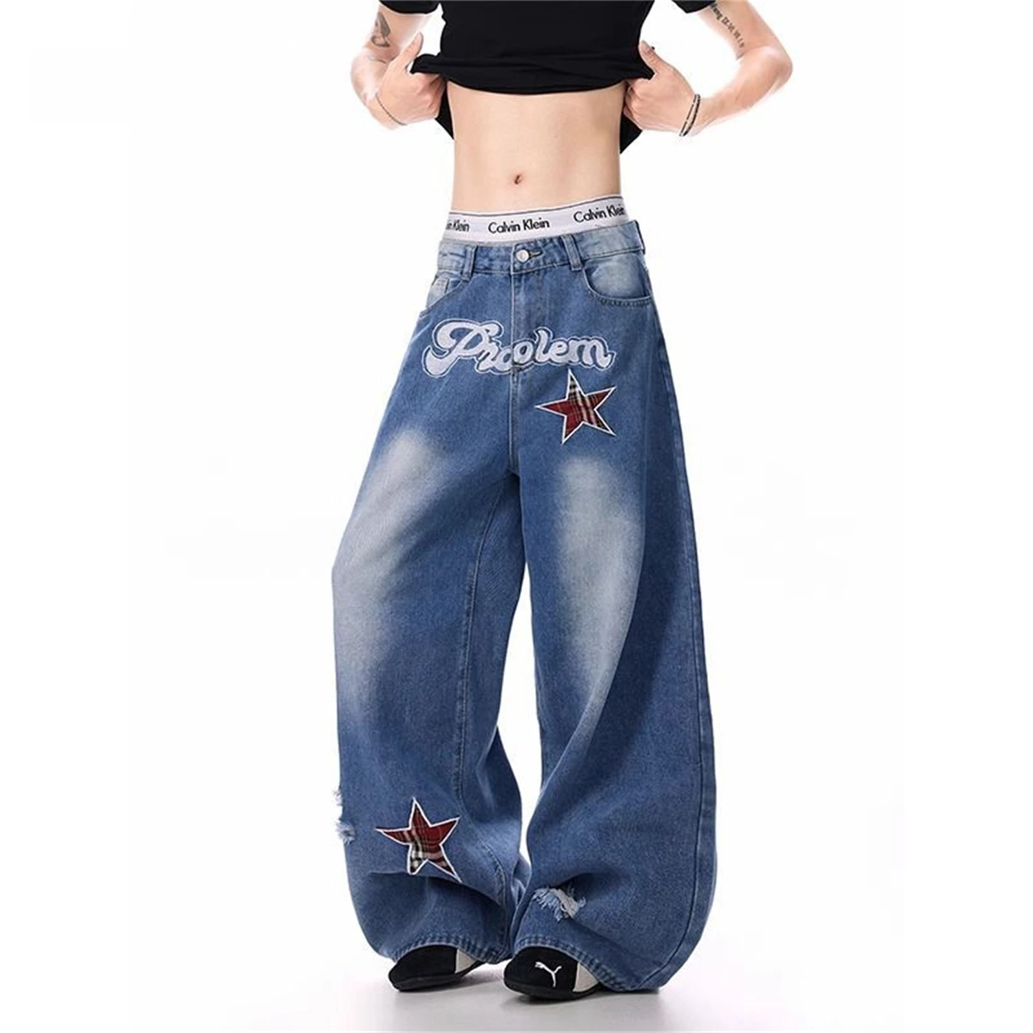 

Women's High Waist Wide Leg Light Blue Jeans Vintage Washed Star Patch Letter Distressed Y2K Streetwear Denim Trousers