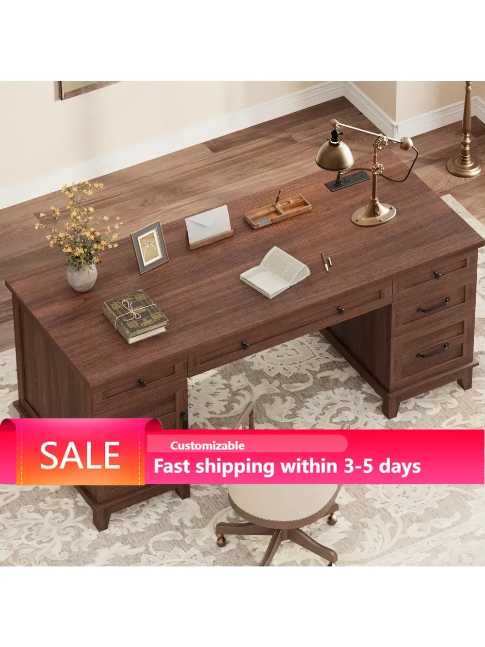60in Executive Desk w/ File Drawers & Charging Station, Farmhouse Office Desk, Walnut Brown