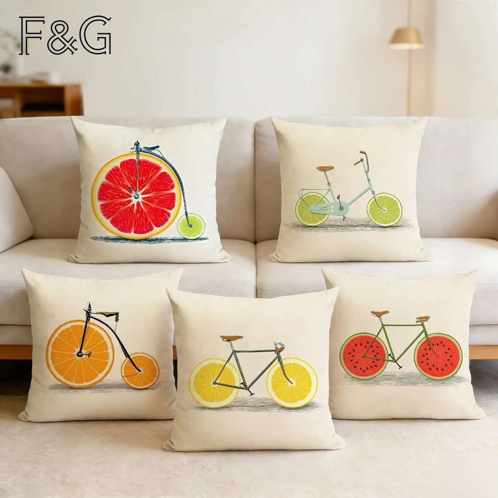 

Orange Lemon Bicycle Print Cushion Cover Yellow Square Decorative Throw Pillow Case for Home Sofa Decor