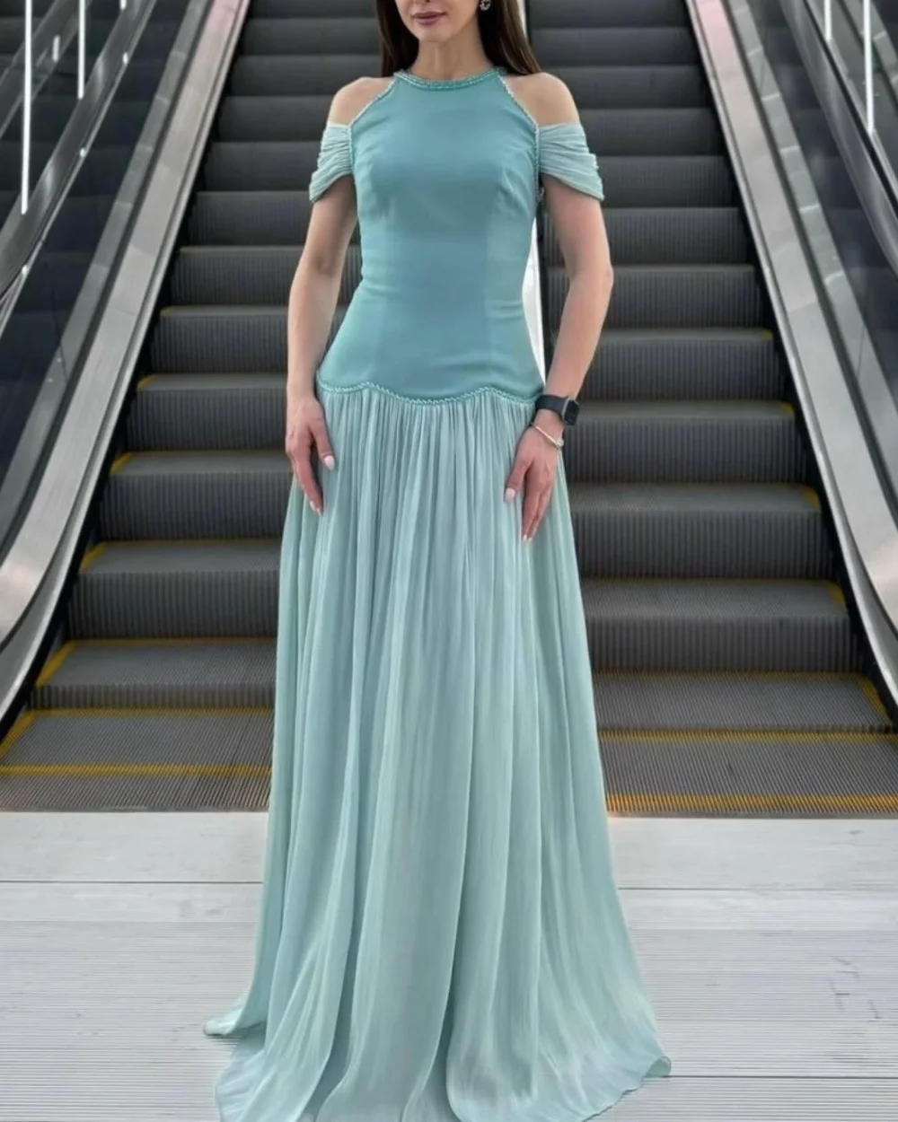 

Customized Modern Style Beading Jersey Pleat Beading A-line High Collar Long Dresses Evening Dresses Sizes Available Fashion