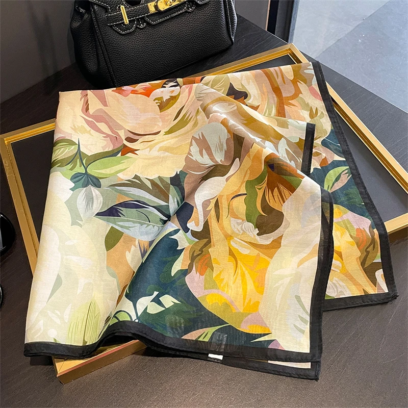 

Designer Floral Square 65cm Neckerchief Women Real Silk Scarf Luxury Cotton Shawl 2025 Print Female Hijab Bandana Headband