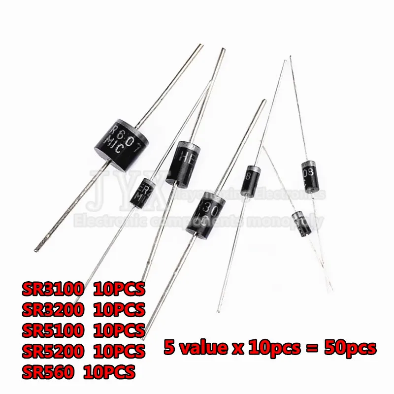 Kit 50pcs=5values*10pcs  Schottky Diode Assorted Kit  SR3100 SR3200 SR5100 SR5200 SR560 each 10PCS