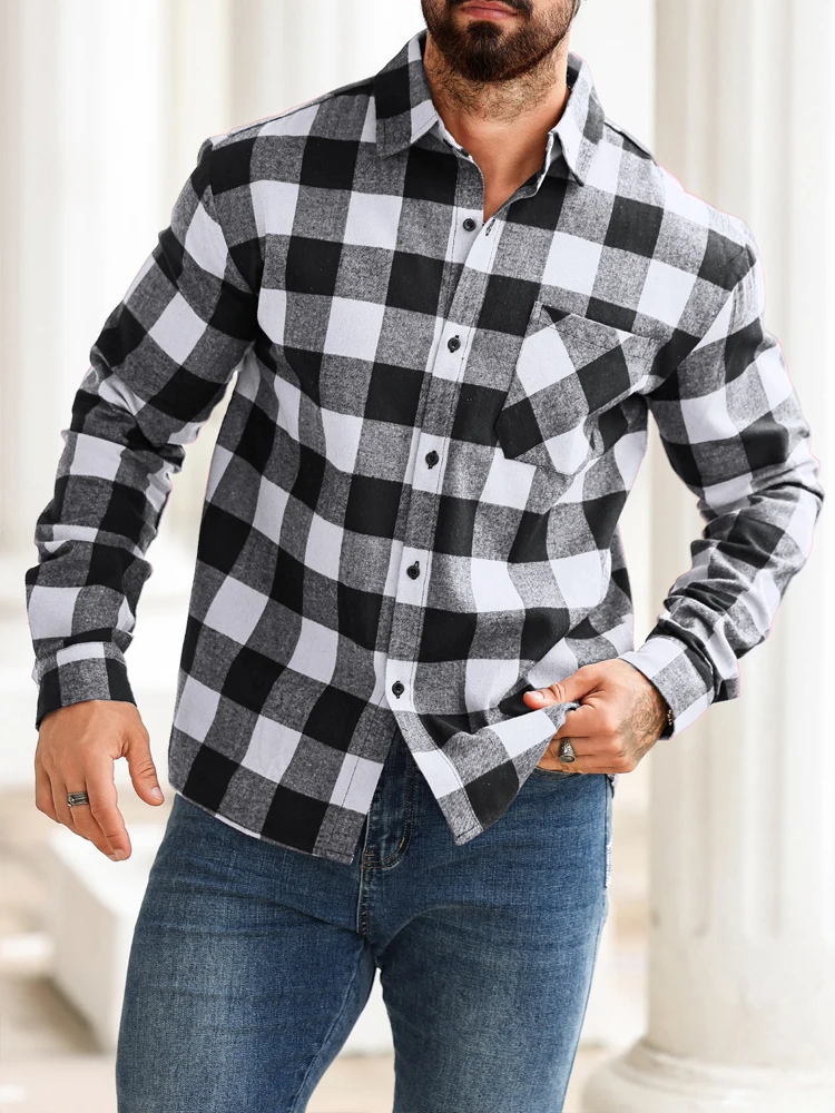 Leisure Turn-down Collar Button-up Cardigan Tops Mens Spring Autumn Vintage Plaid Woolen Jacket Men Shirts Clothing Streetwear